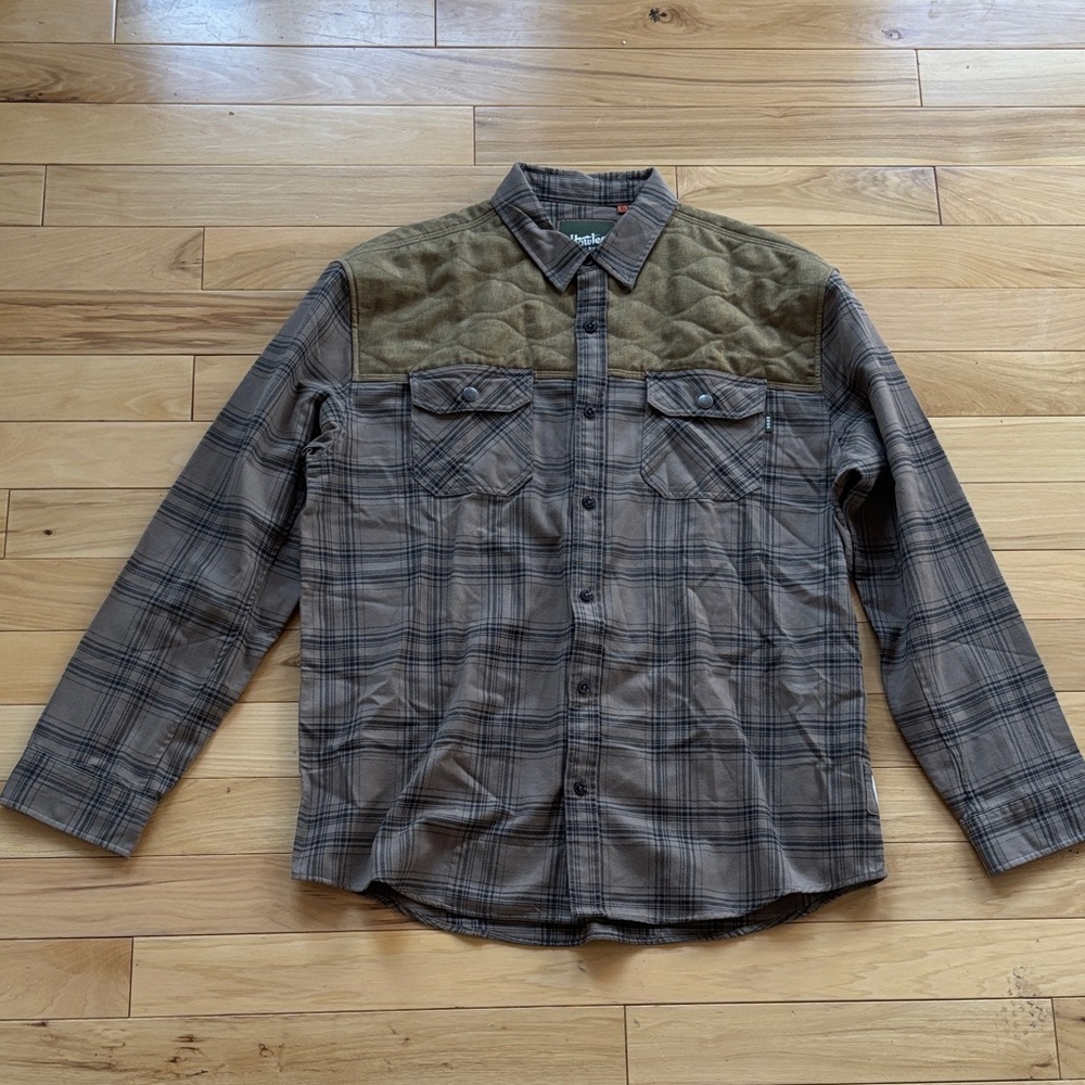 Howler Brothers Brown Plaid Shirt Jacket with Tan Shoulders